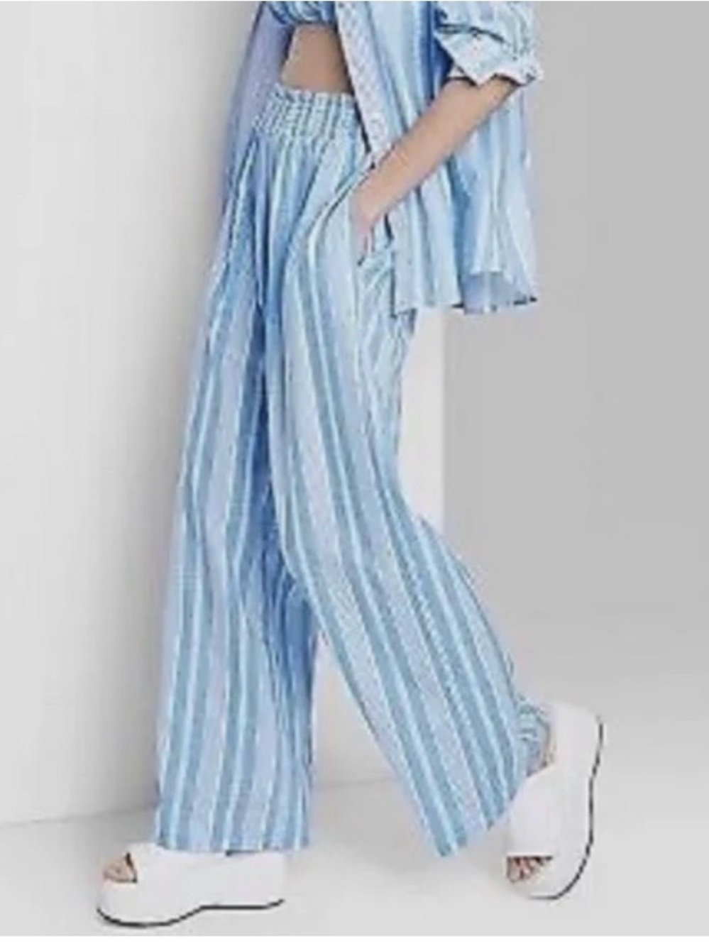 Knox Rose Striped Wide-Leg Tie-Waist Pants - White & Blue  XL